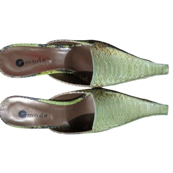 F Mode Verdon Green Viper Anis Snakeskin Italian Leather Square Toe Kitten Mules - Picture 2 of 14